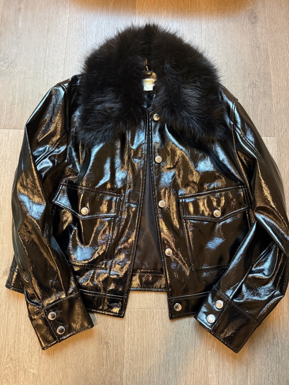 Maeve Black Patent Faux Fur Collar Jacket